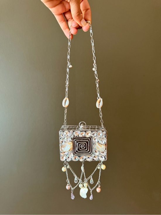 Handbags - Silver Beaded Box Clutch with Shell & Crystal Accents